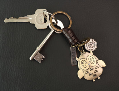 Owl Keychain Charm – Handmade Vintage Leather – Bird Gift Keyring