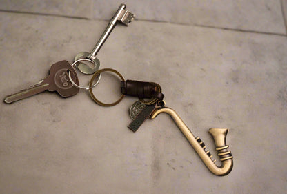 Saxophone Keychain Charm – Handmade Vintage Leather – Musical Gift Keyring