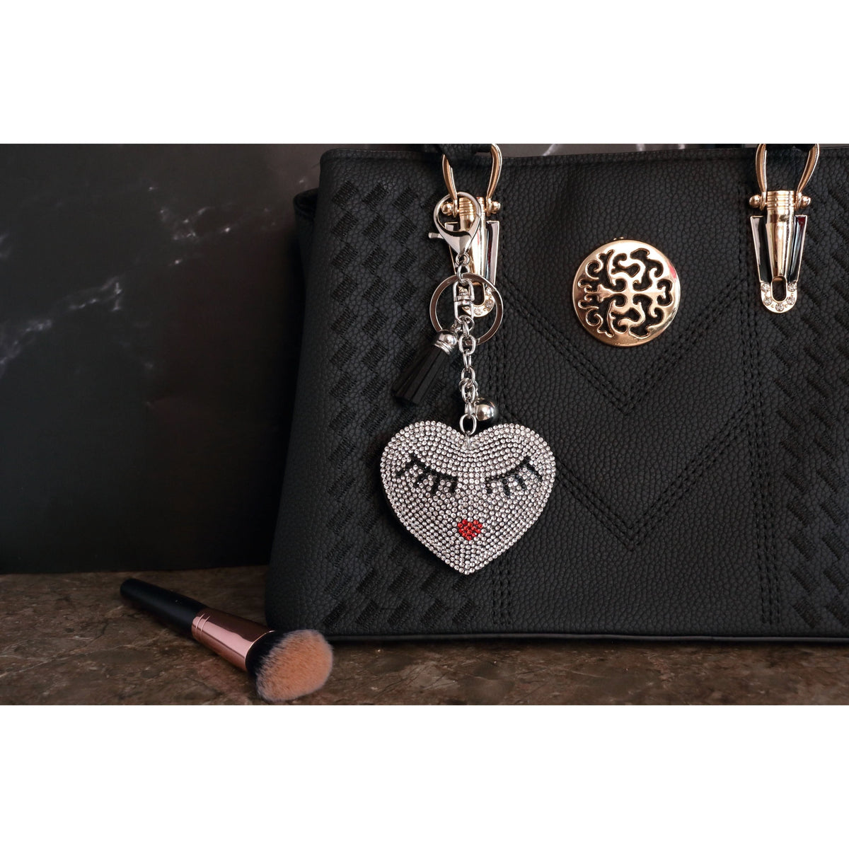Eyelashes Heart Crystal Keychain – Velvet Sparkle Tassel Charm – Clip Bag Keyring Gift for Girls-AuPra