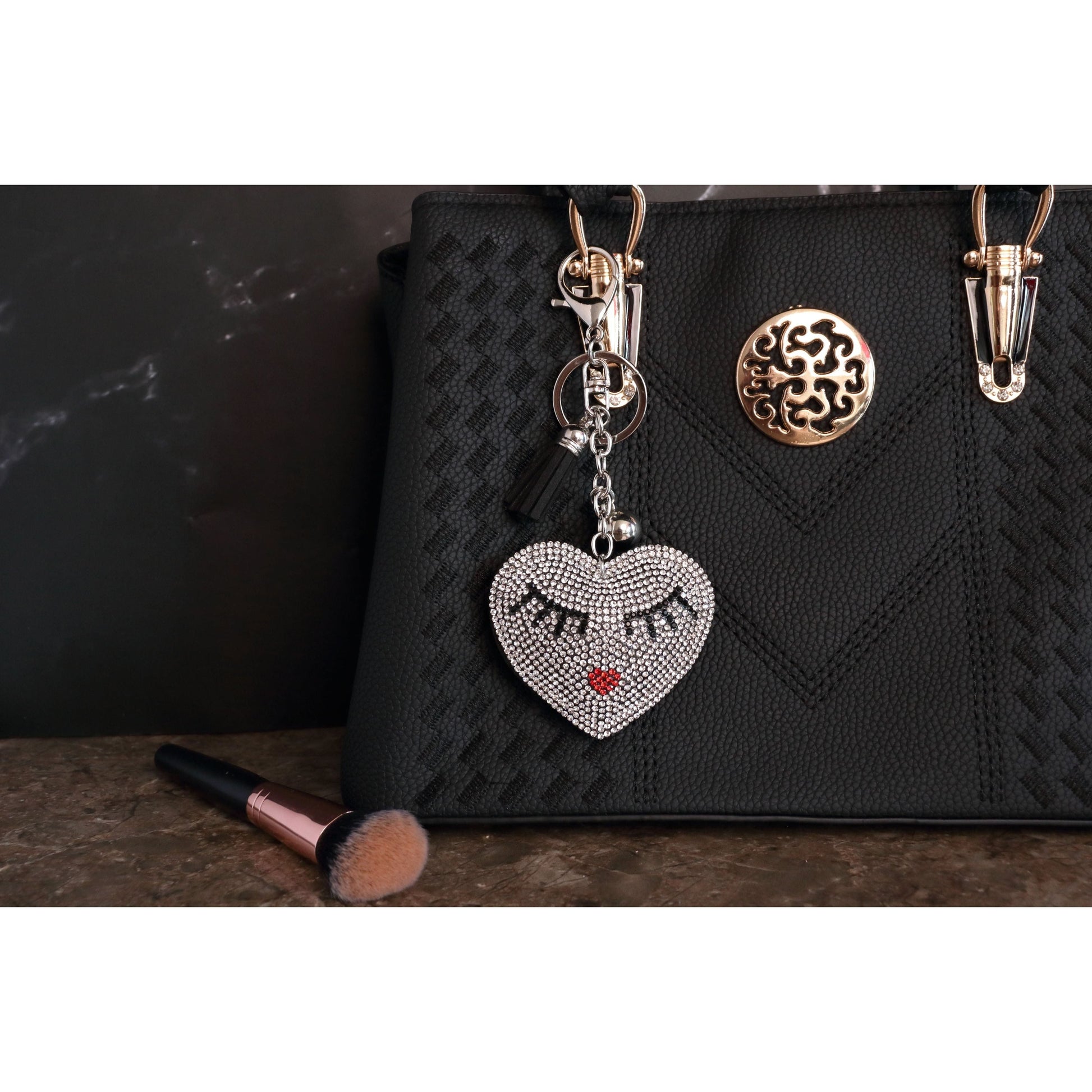 Eyelashes Heart Crystal Keychain – Velvet Sparkle Tassel Charm – Clip Bag Keyring Gift for Girls-AuPra