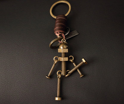 3D Screw Bolt Robot Keychain – Handmade Vintage Leather – Funny Gift Keyring Charm