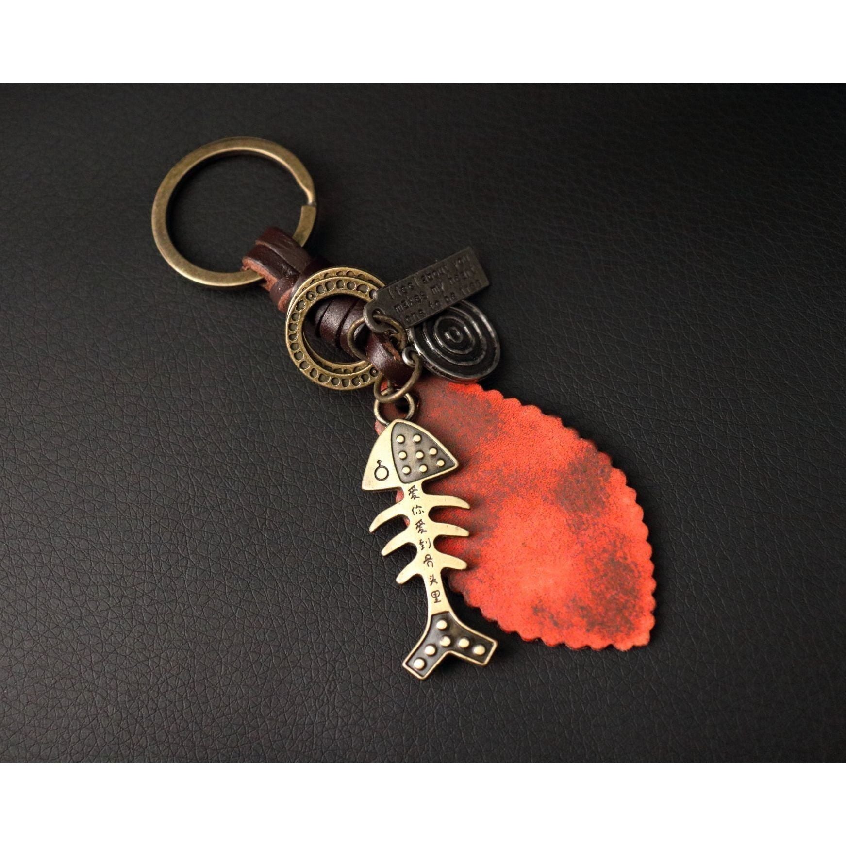 Fish Keychain Charm – Handmade Vintage Leather – Sea Lover Gift Keyring-AuPra