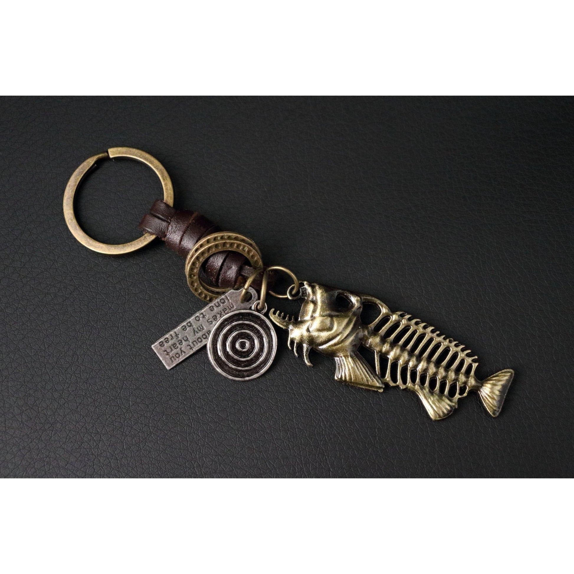 Fish Skeleton Keychain Gift – Handmade Vintage Leather – Unique Keyring Charm-AuPra