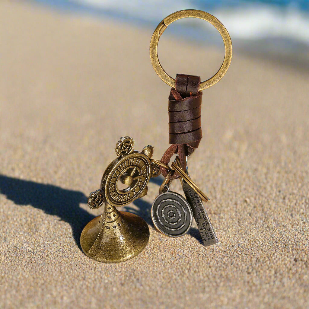 3D French Horn Keychain Gift – Handmade Vintage Leather – Clock Charm Keyring