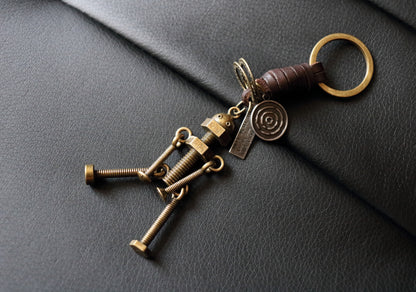 3D Screw Bolt Robot Keychain – Handmade Vintage Leather – Funny Gift Keyring Charm