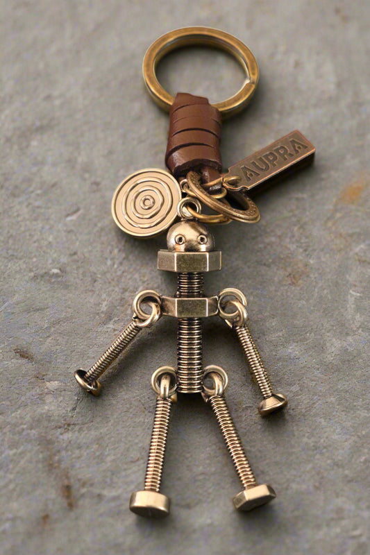 3D Screw Bolt Robot Keychain – Handmade Vintage Leather – Funny Gift Keyring Charm