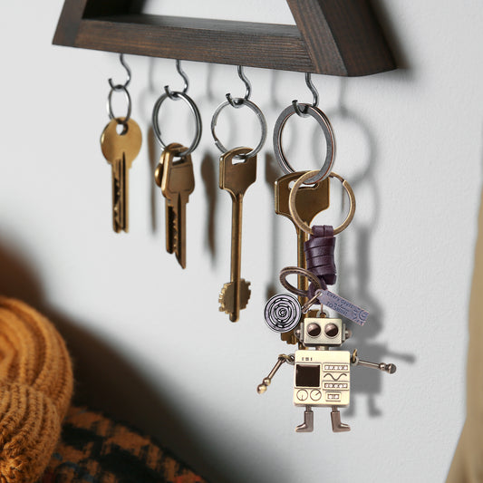 3D Robot Keychain Charm – Handmade Vintage Leather – Funny Gift Keyring