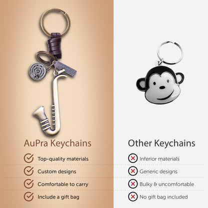 Saxophone Keychain Charm – Handmade Vintage Leather – Musical Gift Keyring