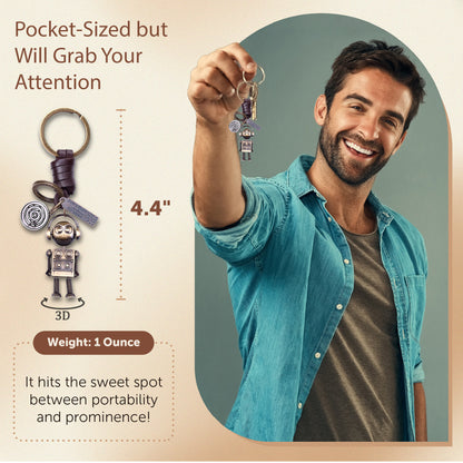 3D Robot Keychain Charm – Handmade Vintage Leather – Funny Gift Keyring