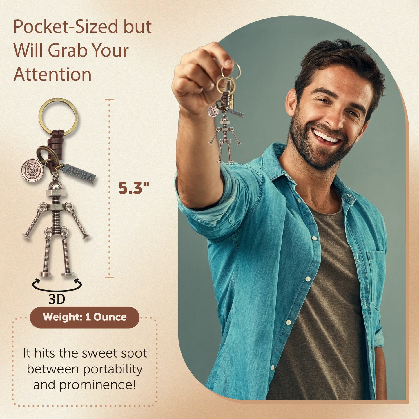3D Screw Bolt Robot Keychain – Handmade Vintage Leather – Funny Gift Keyring Charm