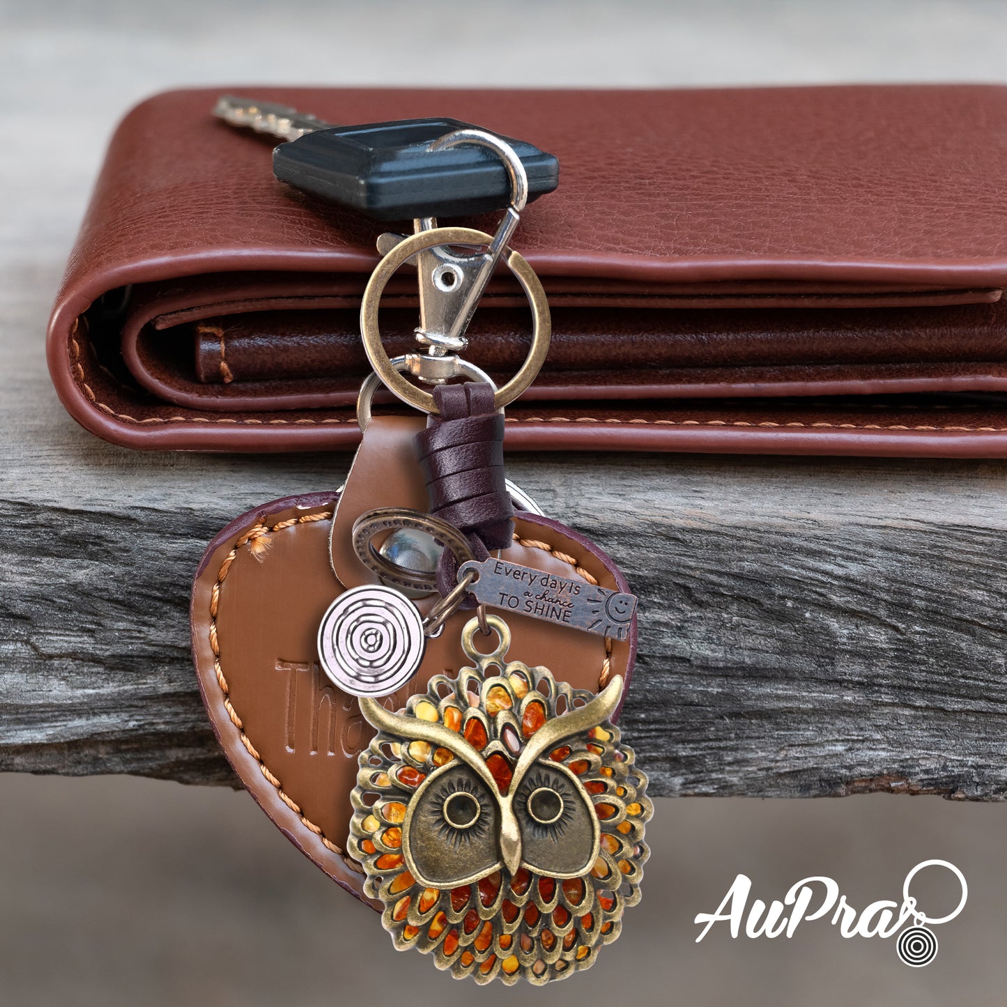 Amber Owl Keychain – Handmade Vintage Leather – Bird Lover Gift Keyring-AuPra