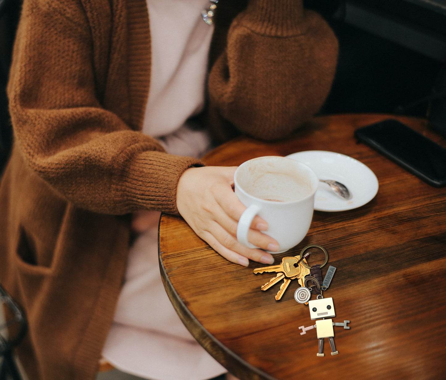 3D Robot Keychain Charm – Handmade Vintage Leather – Funny Gift Keyring