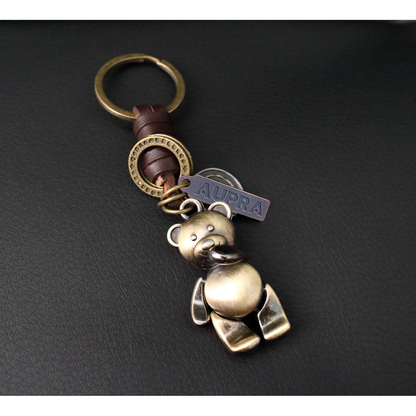 3D Teddy Bear Keychain Gift – Handmade Vintage Leather – Cute Keyring Charm-AuPra