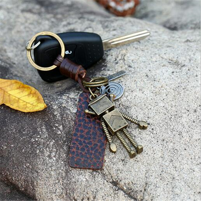 3D Robot Keychain – Handmade Vintage Leather – Funny Gift Keyring Charm-AuPra