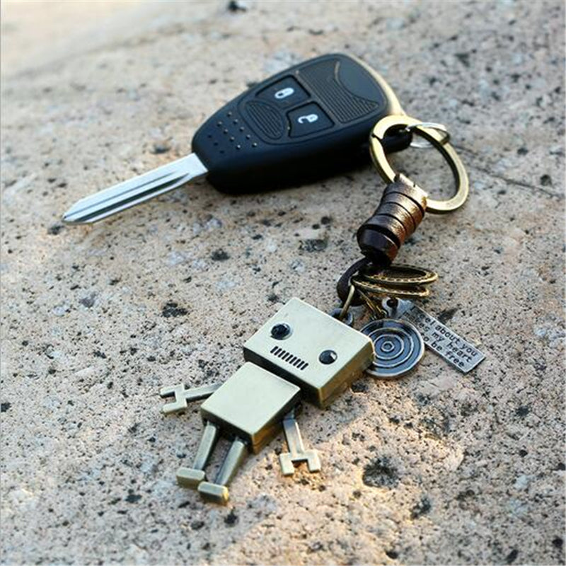 3D Robot Keychain Charm – Handmade Vintage Leather – Funny Gift Keyring