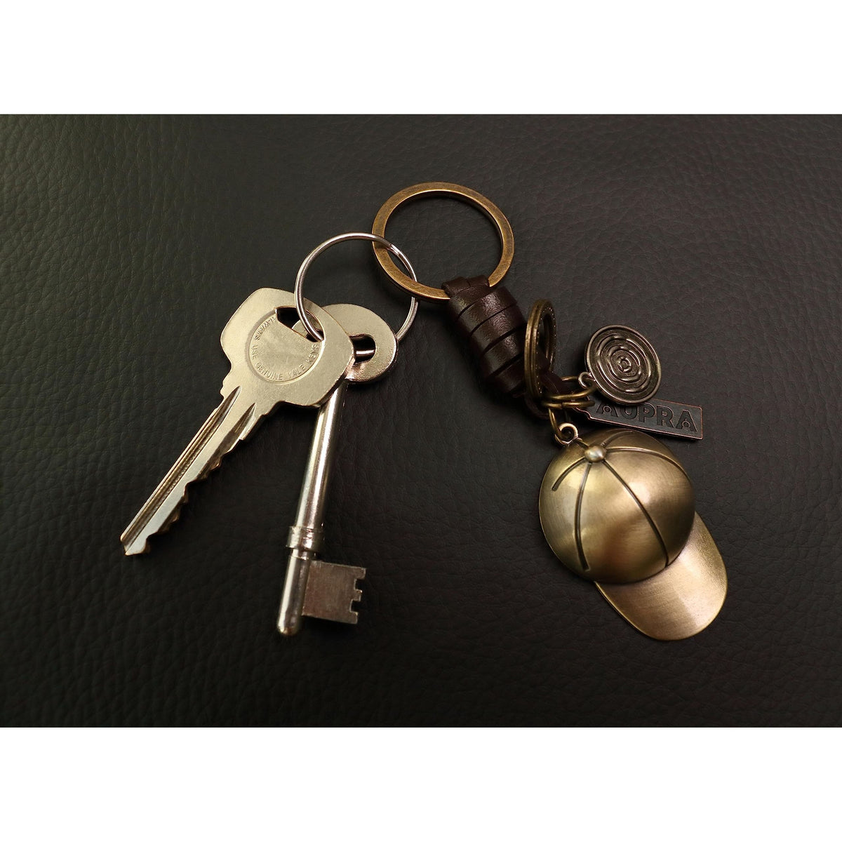 Baseball Cap Keychain Charm – Handmade Vintage Leather – Sport Fan Gift Keyring-AuPra