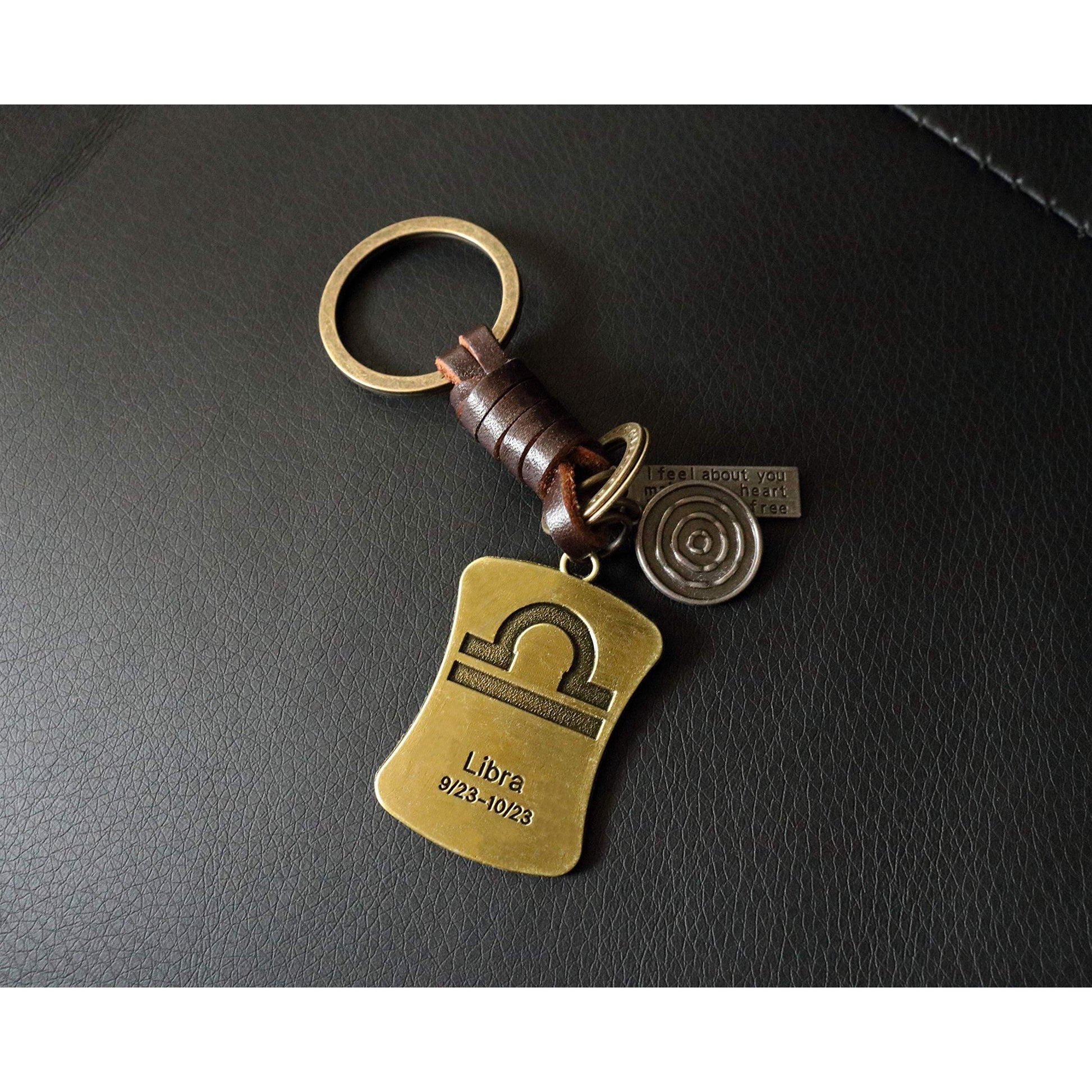 Star Sign Keychain Charm – Handmade Vintage Leather – Zodiac Sign Gift Keyring-AuPra