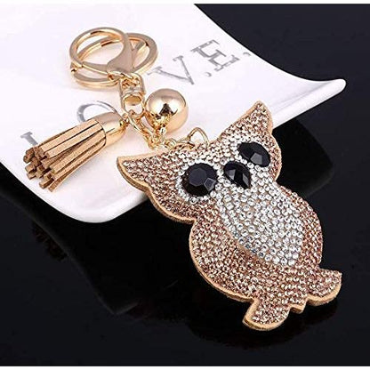 Owl Crystal Keychain – Velvet Sparkle Tassel Charm – Clip Bag Keyring Gift for Girls-AuPra