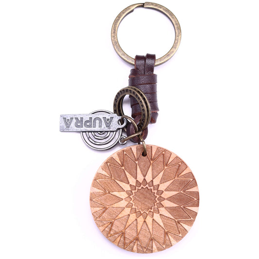 Wooden Keychain Charm – Handmade Vintage Leather – Natural Style Gift Keyring-AuPra