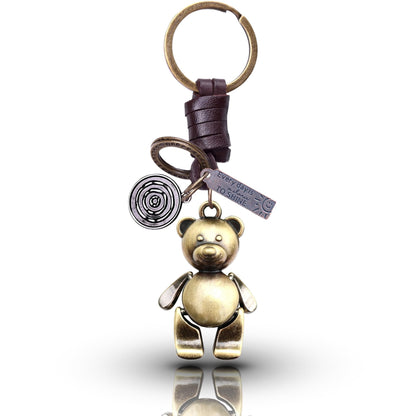 3D Teddy Bear Keychain Gift – Handmade Vintage Leather – Cute Keyring Charm-AuPra