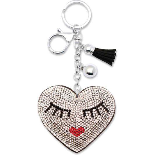 Eyelashes Heart Crystal Keychain – Velvet Sparkle Tassel Charm – Clip Bag Keyring Gift for Girls-AuPra