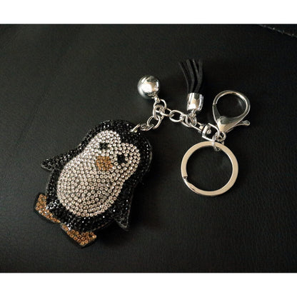 Penguin Crystal Keychain – Velvet Sparkle Tassel Charm – Clip Bag Keyring Gift for Girls-AuPra