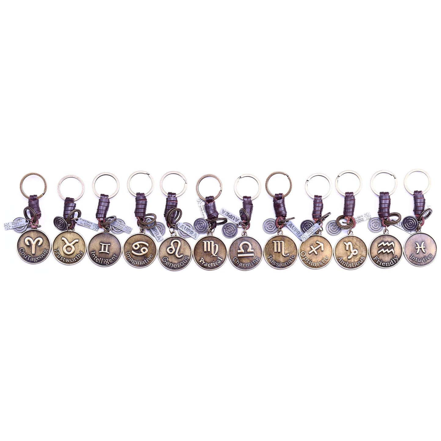 Star Sign Keychain Charm – Handmade Vintage Leather – Zodiac Sign Gift Keyring-AuPra