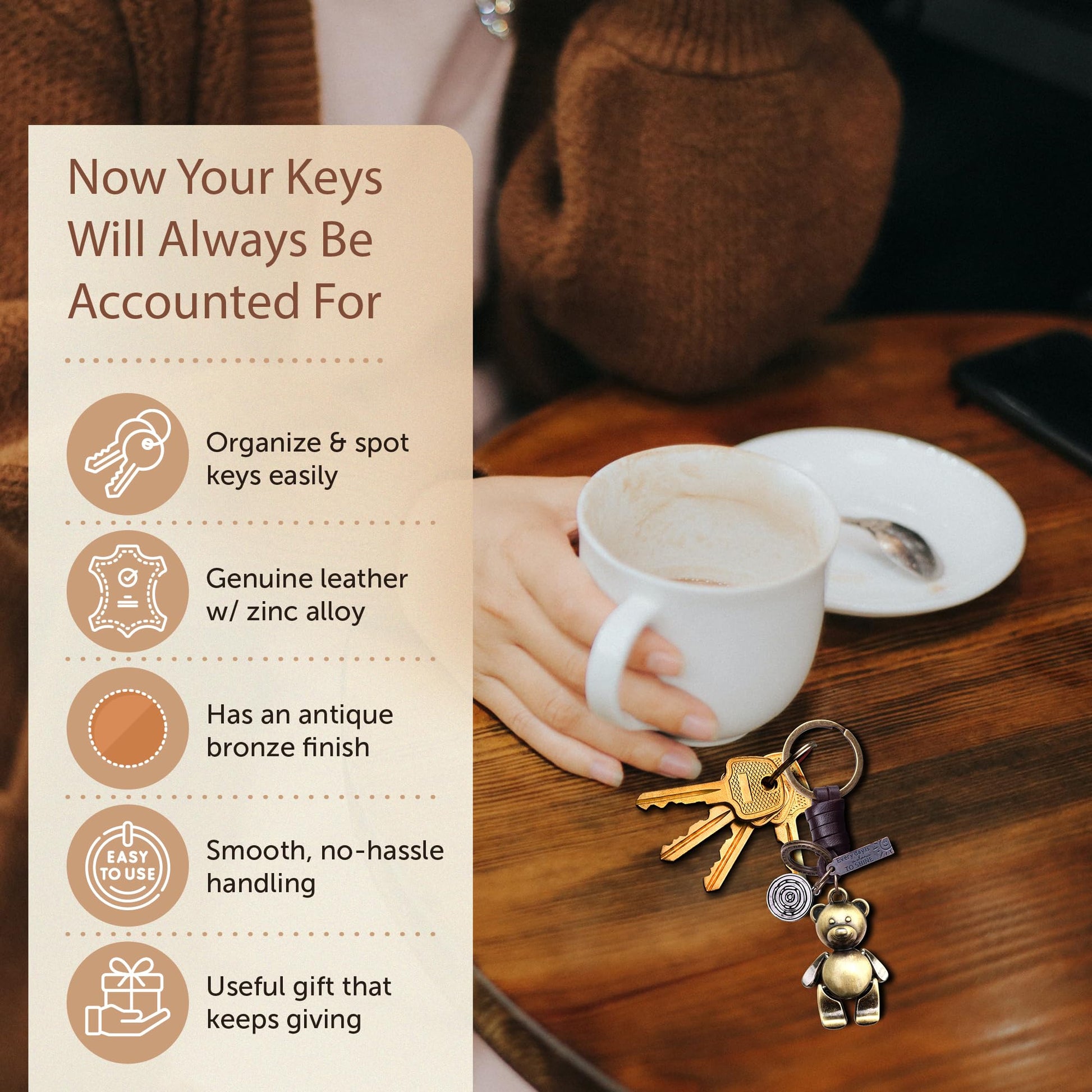 3D Teddy Bear Keychain Gift – Handmade Vintage Leather – Cute Keyring Charm-AuPra