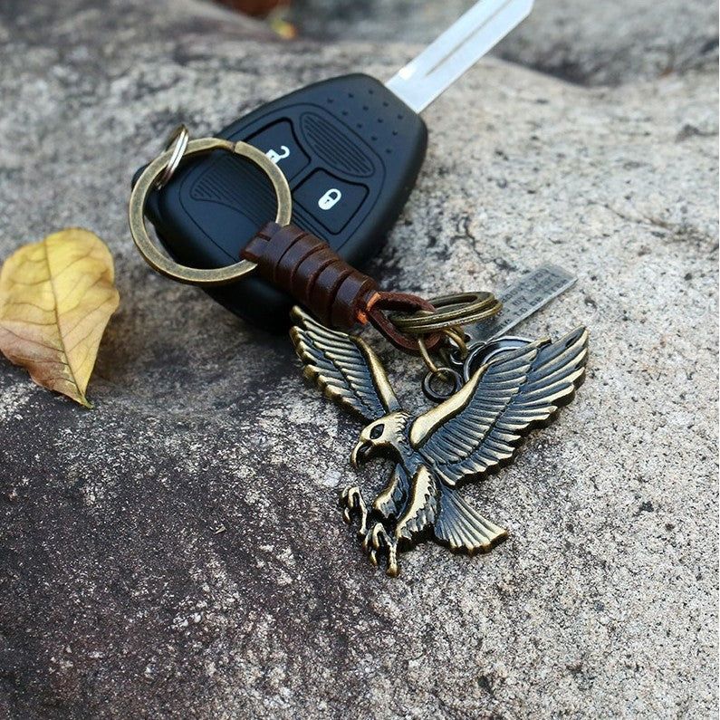 Eagle Keychain Charm – Handmade Vintage Leather – Bird Gift Keyring-AuPra