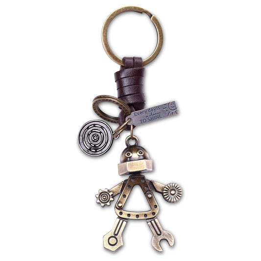 3D Robot Keychain Charm – Handmade Vintage Leather – Funny Gift Keyring-AuPra