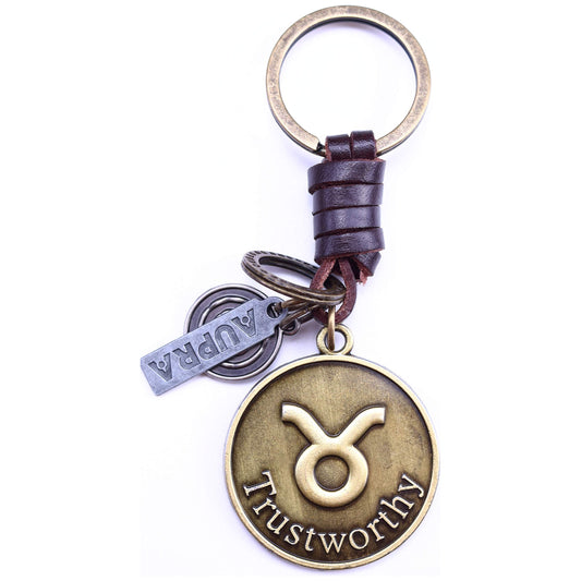 Star Sign Keychain Charm – Handmade Vintage Leather – Zodiac Sign Gift Keyring-AuPra
