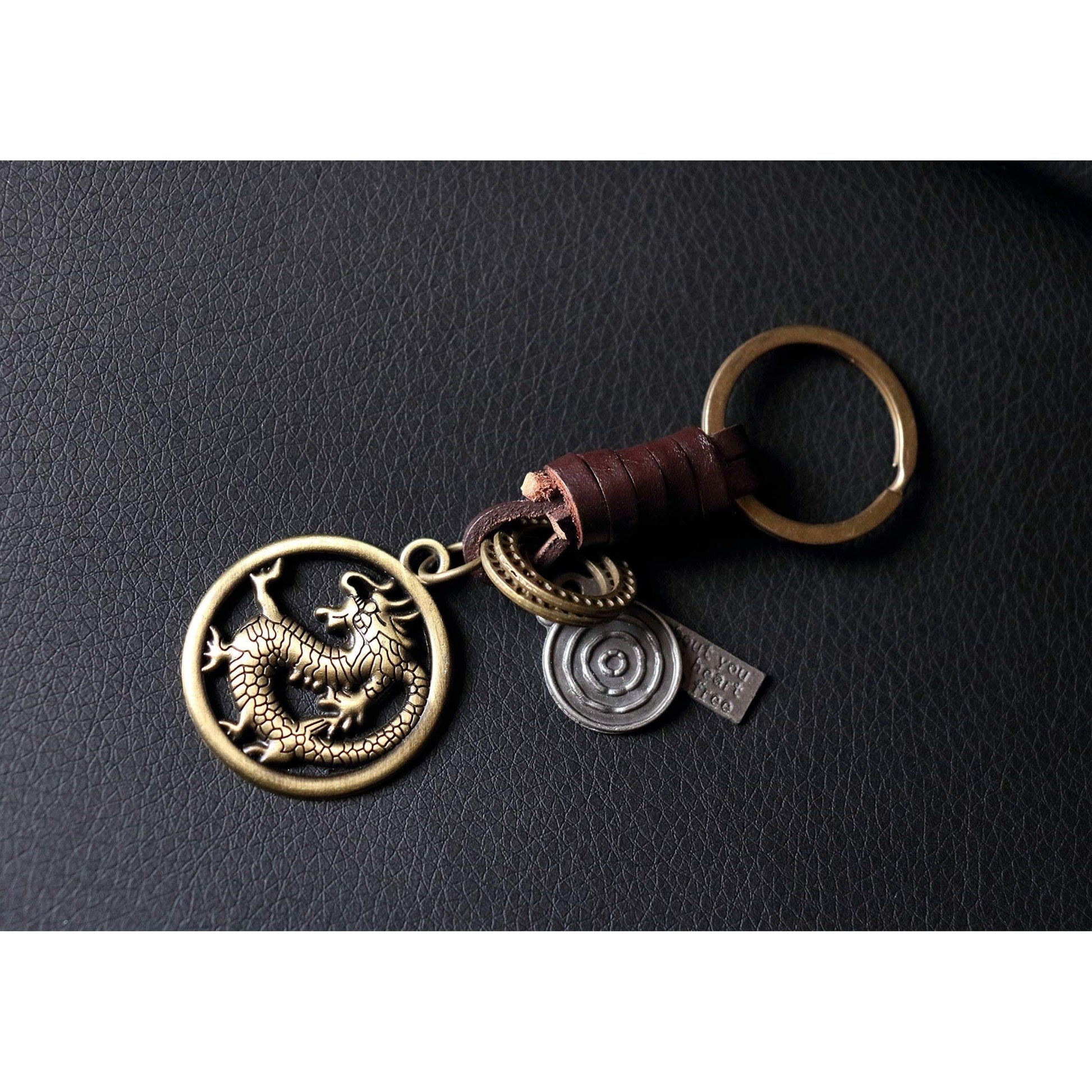 Dragon Keychain Charm – Handmade Vintage Leather - Power Symbol Gift Keyring-AuPra