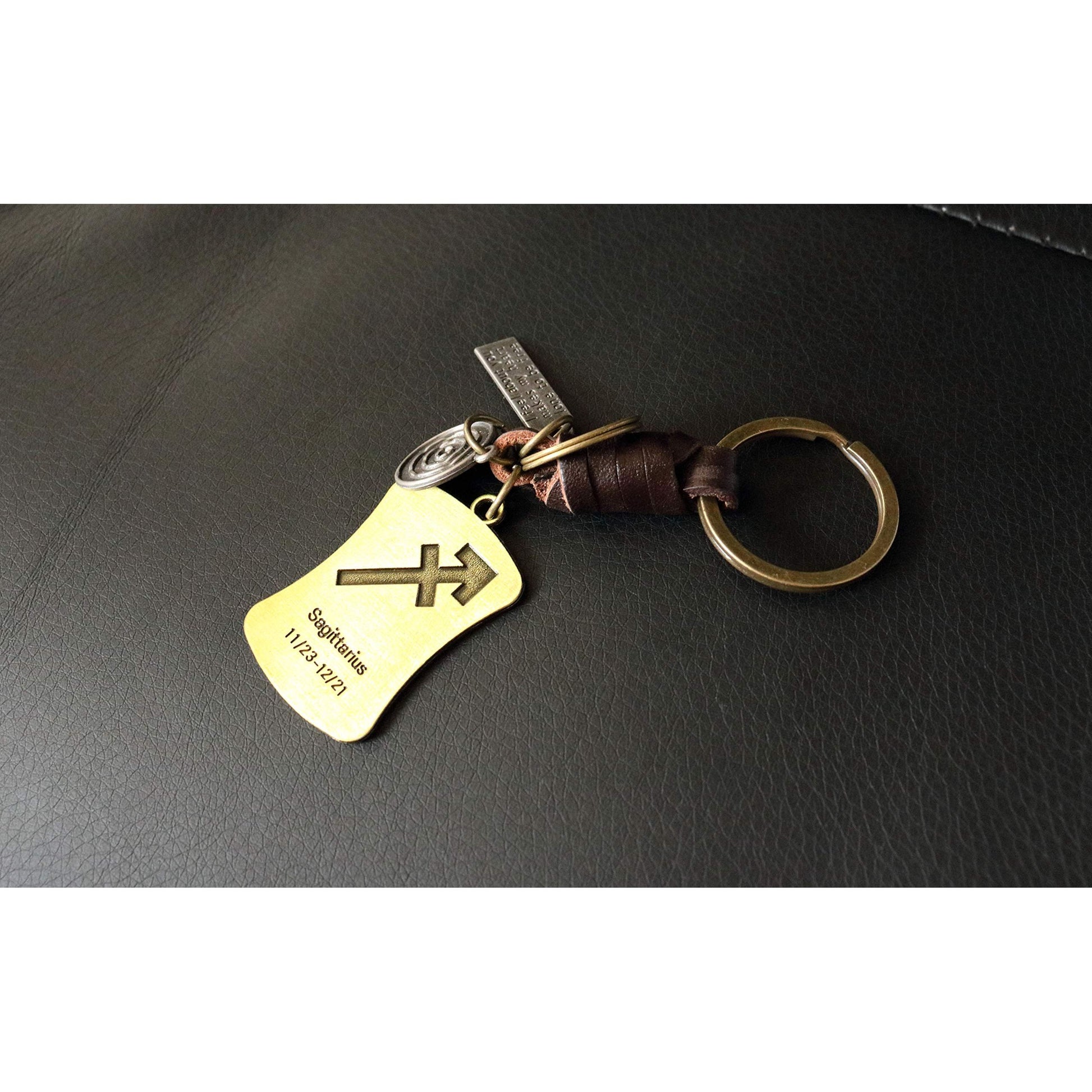 Star Sign Keychain Charm – Handmade Vintage Leather – Zodiac Sign Gift Keyring-AuPra