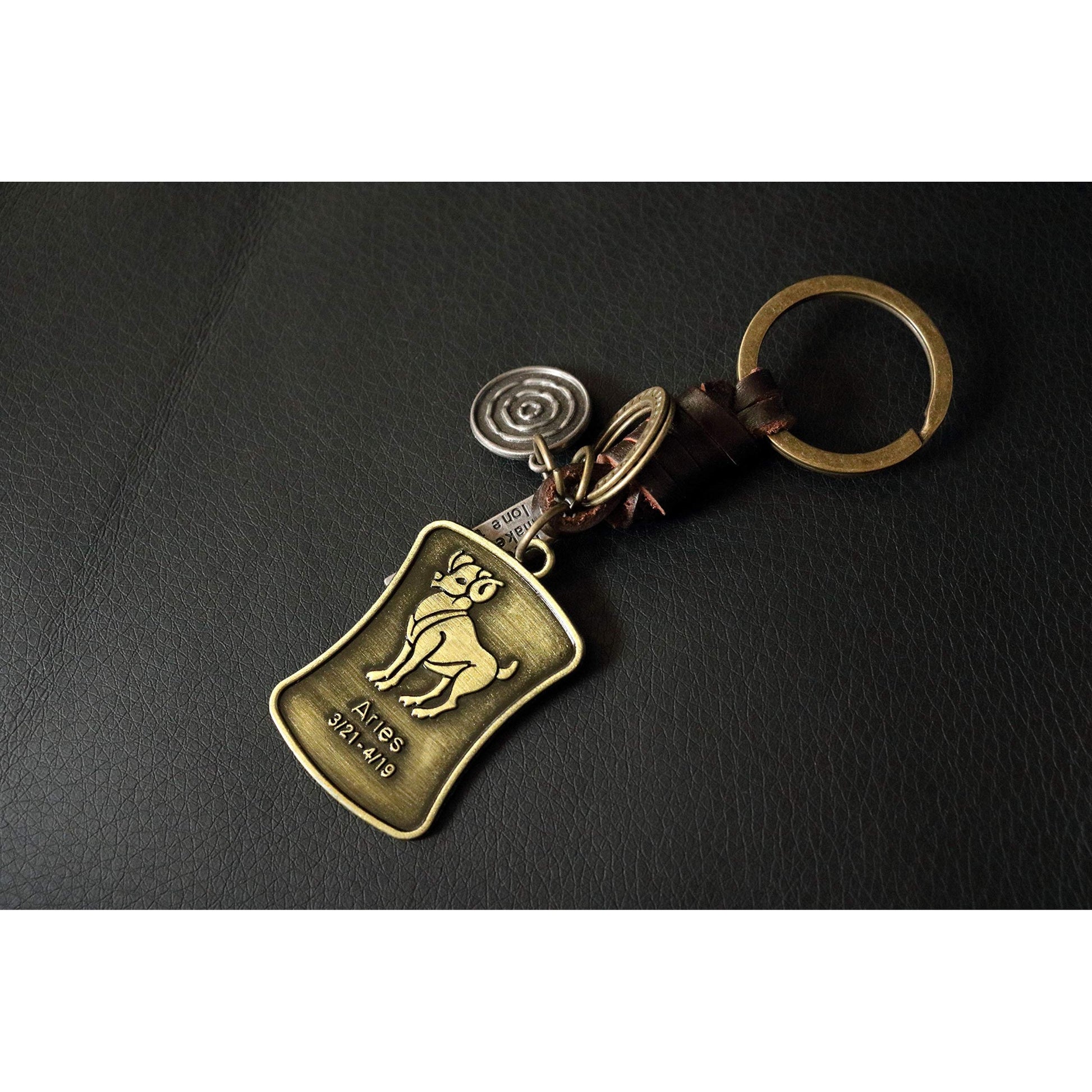 Star Sign Keychain Charm – Handmade Vintage Leather – Zodiac Sign Gift Keyring-AuPra