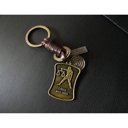 Star Sign Keychain Charm – Handmade Vintage Leather – Zodiac Sign Gift Keyring-AuPra