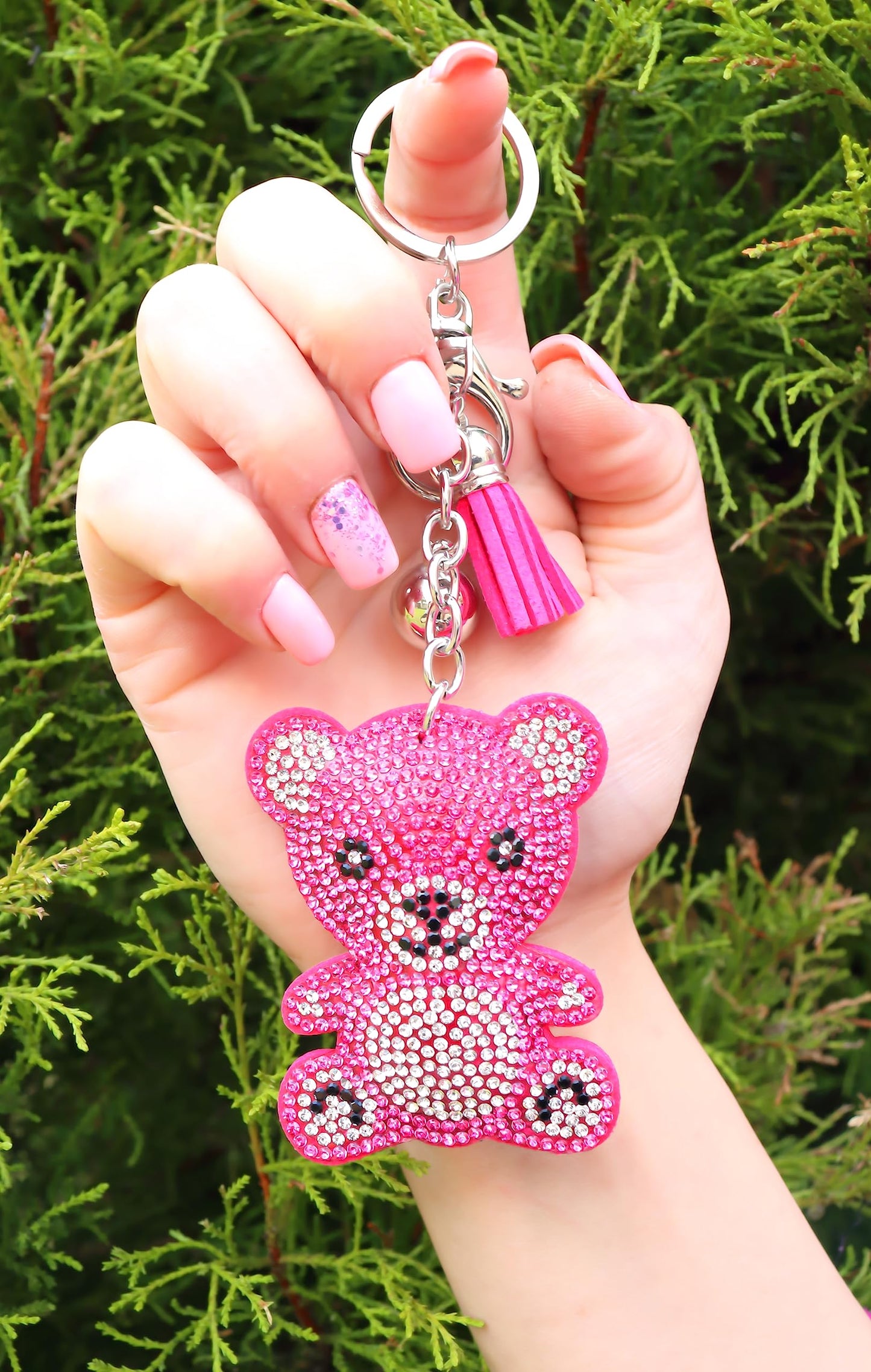 Teddy Bear Crystal Keychain – Velvet Sparkle Tassel Charm – Clip Bag Keyring Gift for Girls