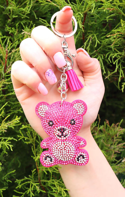 Teddy Bear Crystal Keychain – Velvet Sparkle Tassel Charm – Clip Bag Keyring Gift for Girls