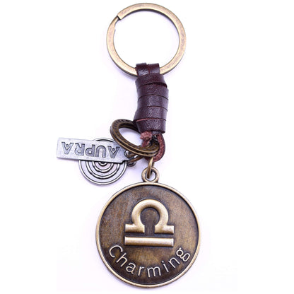 Star Sign Keychain Charm – Handmade Vintage Leather – Zodiac Sign Gift Keyring-AuPra