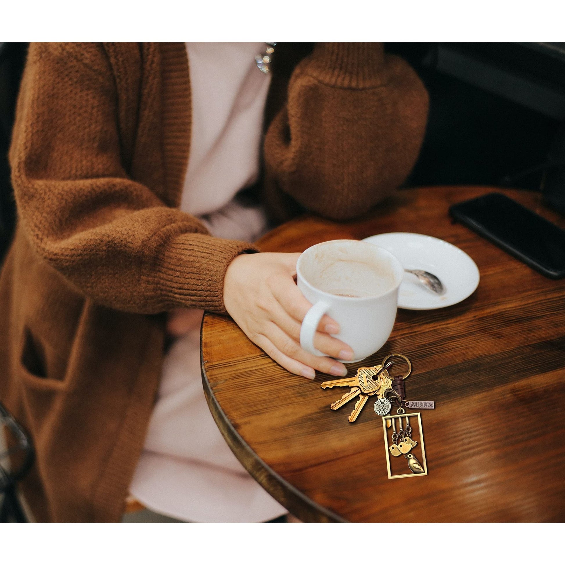 Flying Birds Keychain Charm – Handmade Vintage Leather – Nature Lover Gift Keyring-AuPra