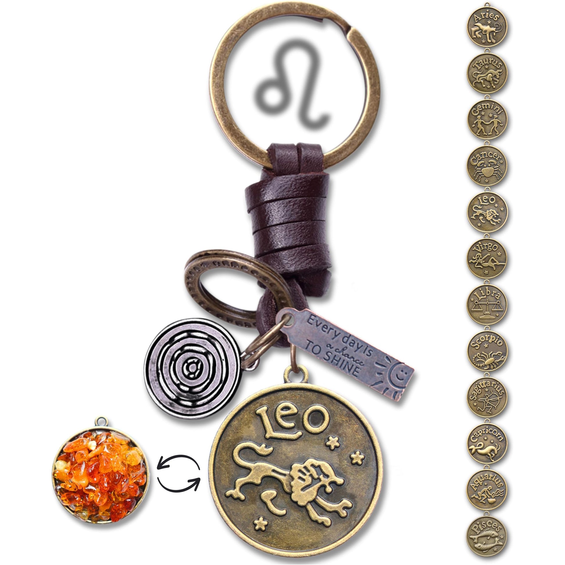 Star Sign Keychain Charm – Handmade Vintage Leather – Zodiac Sign Gift Keyring-AuPra