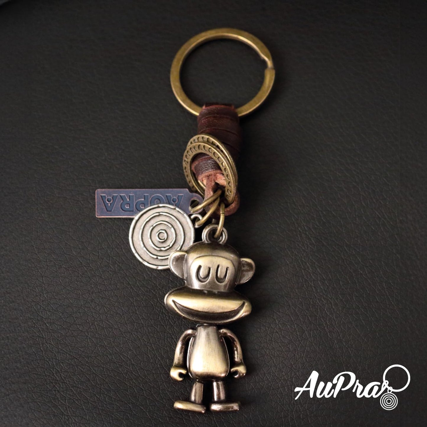3D Monkey Keychain Gift – Handmade Vintage Leather – Funny Keyring Charm-AuPra