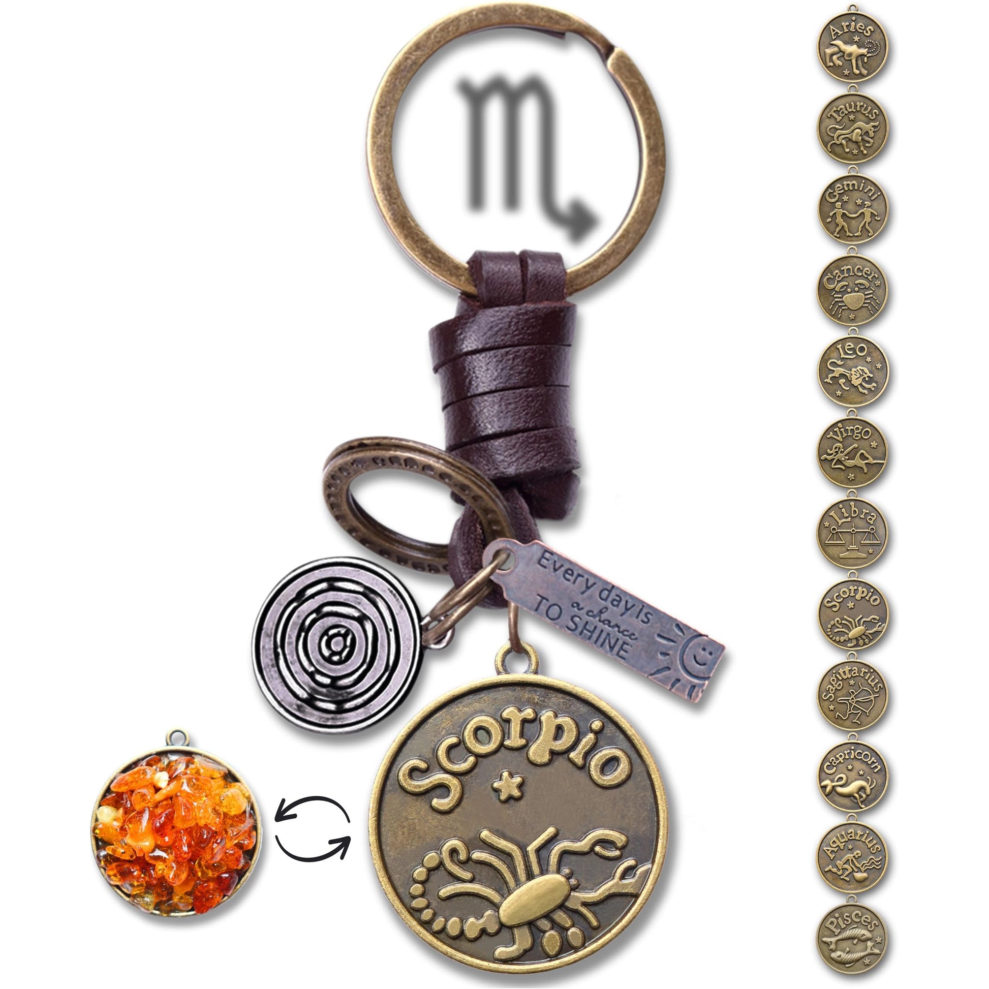 Star Sign Keychain Charm – Handmade Vintage Leather – Zodiac Sign Gift Keyring-AuPra