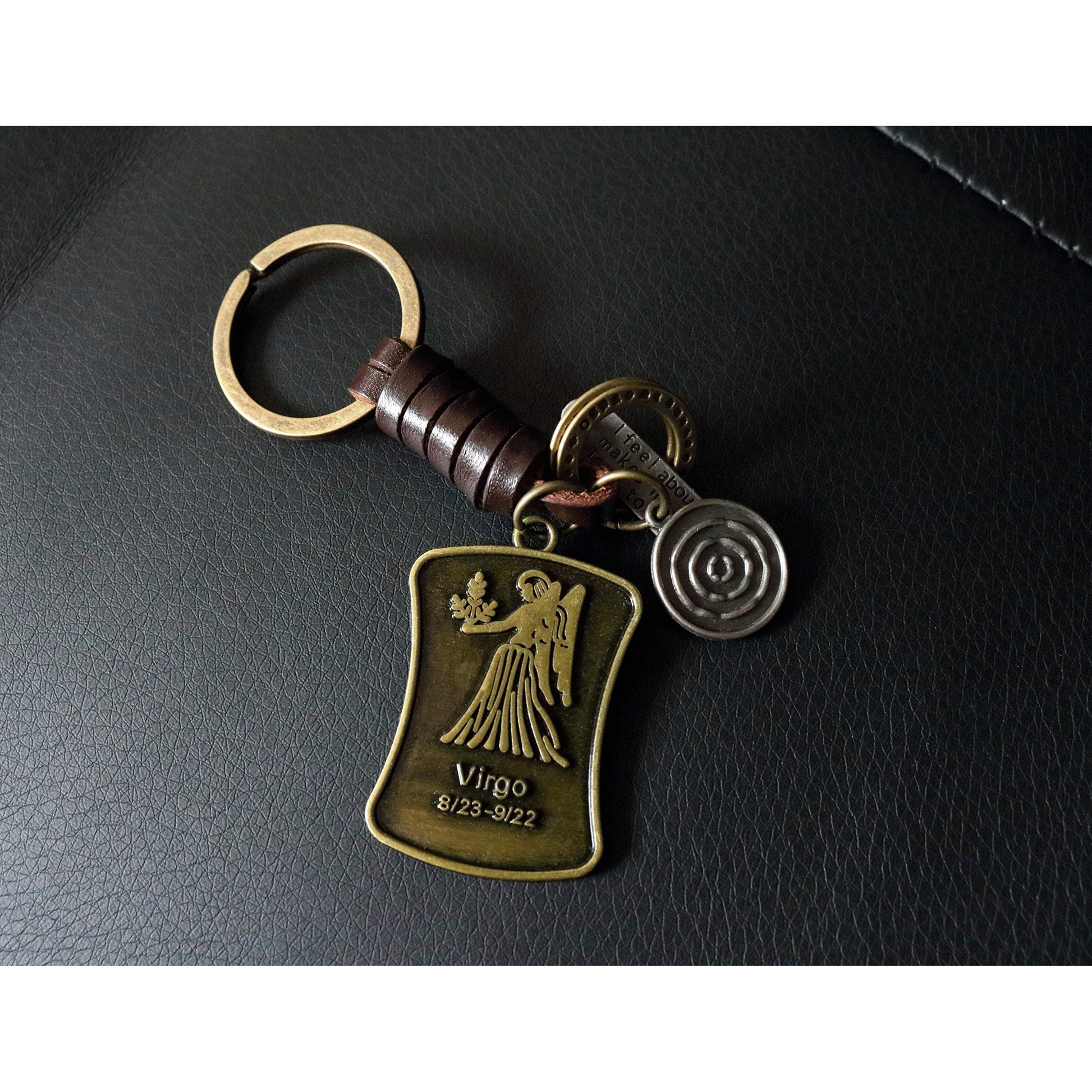 Star Sign Keychain Charm – Handmade Vintage Leather – Zodiac Sign Gift Keyring-AuPra