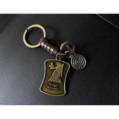 Star Sign Keychain Charm – Handmade Vintage Leather – Zodiac Sign Gift Keyring-AuPra