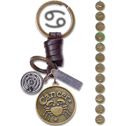 Star Sign Keychain Charm – Handmade Vintage Leather – Zodiac Sign Gift Keyring-AuPra