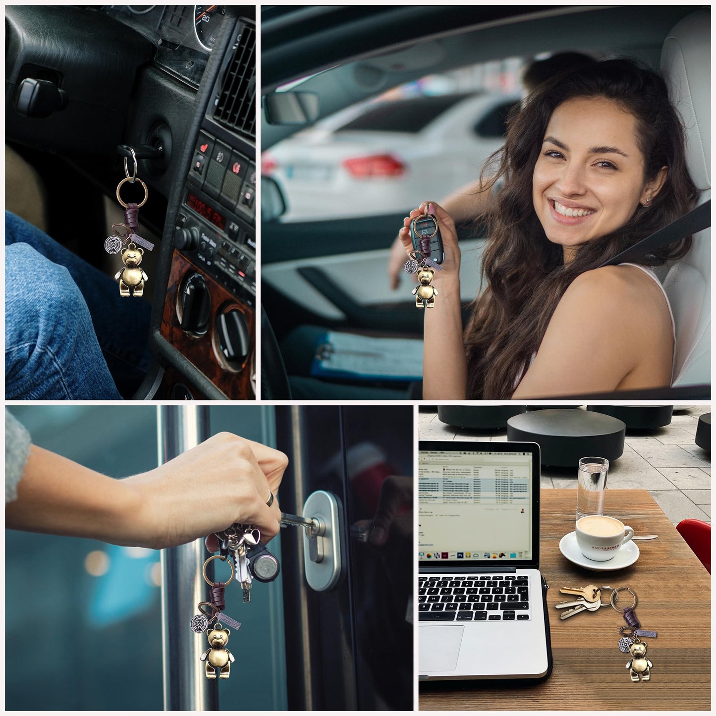 3D Teddy Bear Keychain Gift – Handmade Vintage Leather – Cute Keyring Charm-AuPra