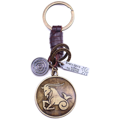 Star Sign Keychain Charm – Handmade Vintage Leather – Zodiac Sign Gift Keyring-AuPra