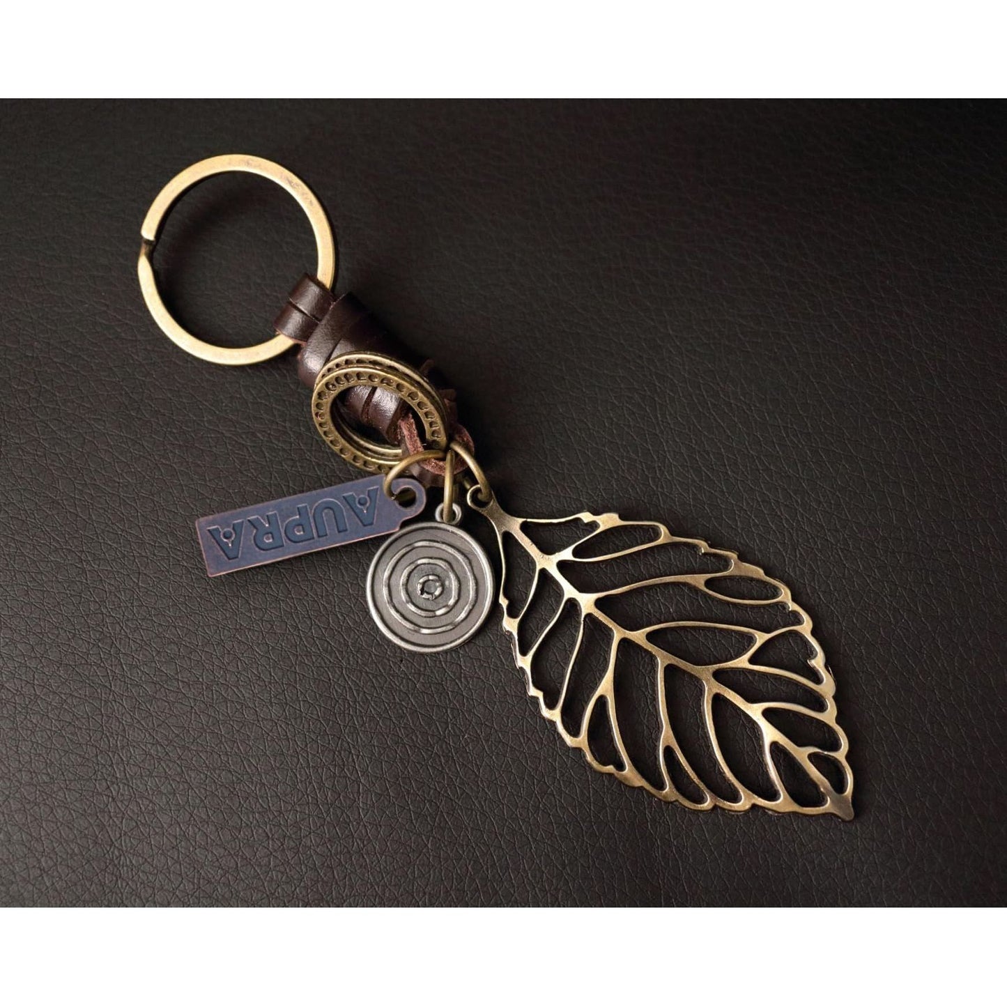Leaf Keychain Charm – Handmade Vintage Leather – Botanical Gift Keyring-AuPra