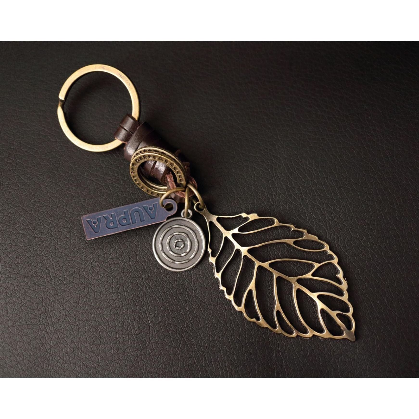 Leaf Keychain Charm – Handmade Vintage Leather – Botanical Gift Keyring-AuPra