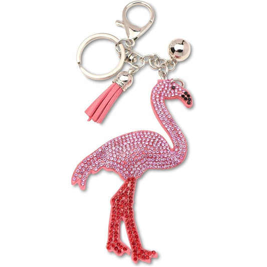 Pink Flamingo Crystal Keychain – Velvet Sparkle Tassel Charm – Clip Bag Keyring Gift for Girls-AuPra